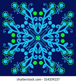 Circular   pattern of floral motif, ellipses, branches,flowers, doodles, leaves, spirals . Hand drawn.