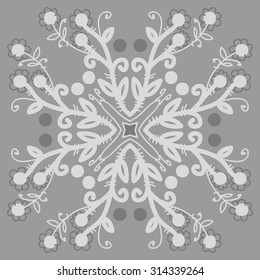 Circular   pattern of floral motif, ellipses, branches,flowers, doodles, leaves, spirals . Hand drawn.