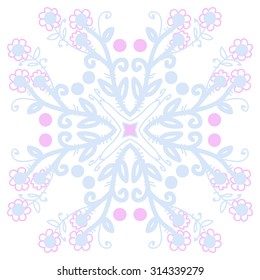 Circular   pattern of floral motif, ellipses, branches,flowers, doodles, leaves, spirals . Hand drawn.