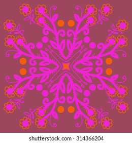 Circular   pattern of floral motif, ellipses, branches,flowers, doodles, leaves, spirals . Hand drawn.