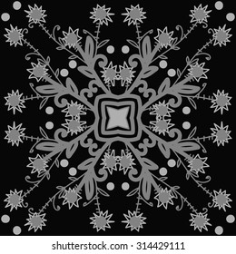Circular   pattern of floral motif, ellipses, branches,flowers, doodles, zigzag, stars . Hand drawn.