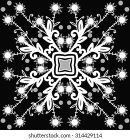 Circular   pattern of floral motif, ellipses, branches,flowers, doodles, zigzag, stars . Hand drawn.
