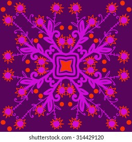 Circular   pattern of floral motif, ellipses, branches,flowers, doodles, zigzag, stars . Hand drawn.