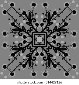 Circular   pattern of floral motif, ellipses, branches,flowers, doodles, zigzag, stars . Hand drawn.