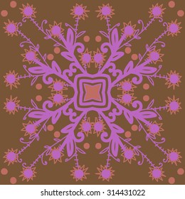 Circular   pattern of floral motif, ellipses, branches,flowers, doodles, zigzag, stars . Hand drawn.