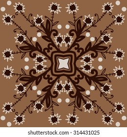 Circular   pattern of floral motif, ellipses, branches,flowers, doodles, zigzag, stars . Hand drawn.