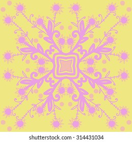 Circular   pattern of floral motif, ellipses, branches,flowers, doodles, zigzag, stars . Hand drawn.