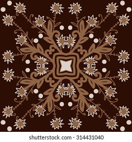 Circular   pattern of floral motif, ellipses, branches,flowers, doodles, zigzag, stars . Hand drawn.