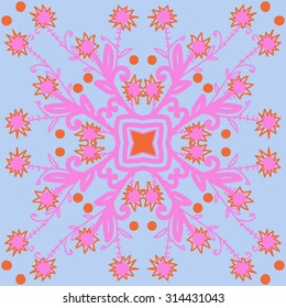 Circular   pattern of floral motif, ellipses, branches,flowers, doodles, zigzag, stars . Hand drawn.