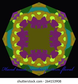 Circular pattern of floral motif, flowers, label. Hand drawn.