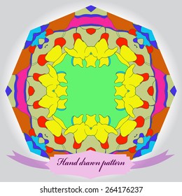 Circular pattern of floral motif, flowers, label. Hand drawn.