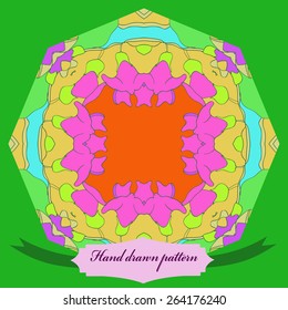 Circular pattern of floral motif, flowers, label. Hand drawn.