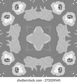 Circular pattern of floral motif, flowers, ellipses, twigs. Hand drawn.