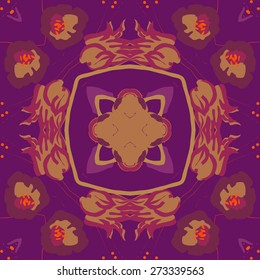 Circular pattern of floral motif, flowers, ellipses, twigs. Hand drawn.