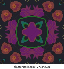 Circular pattern of floral motif, flowers, ellipses, twigs. Hand drawn.