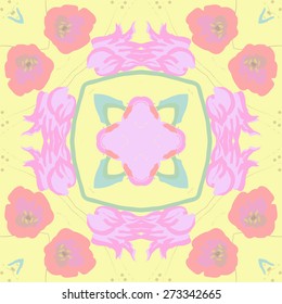 Circular pattern of floral motif, flowers, ellipses, twigs. Hand drawn.