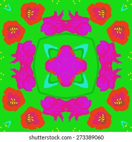 Circular pattern of floral motif, flowers, ellipses, twigs. Hand drawn.