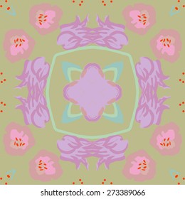 Circular pattern of floral motif, flowers, ellipses, twigs. Hand drawn.