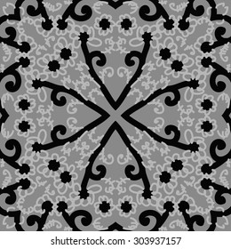 Circular  pattern of floral  motif, flowers,  spots,  branches, doodles, spirals. Hand drawn.