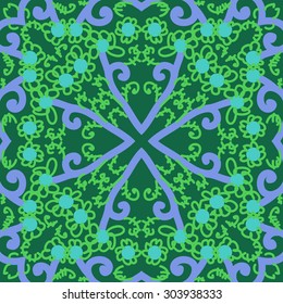 Circular  pattern of floral  motif, flowers,  spots,  branches, doodles, spirals. Hand drawn.