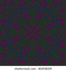 Circular  pattern of floral  motif, flowers,  spots,  branches, doodles, spirals. Hand drawn.