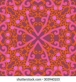 Circular  pattern of floral  motif, flowers,  spots,  branches, doodles, spirals. Hand drawn.