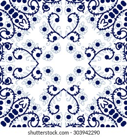 Circular   pattern of floral  motif, flowers,  spots,  branches, doodles, spirals, ellipses, leaves. Hand drawn.