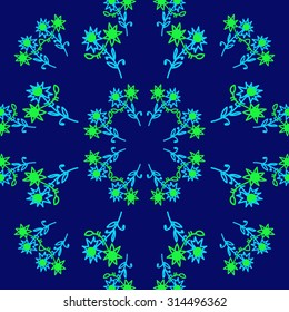 Circular   pattern of  floral motif, flowers, spirals, doodles, zigzag, leaves, branches . Hand drawn.