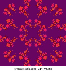 Circular   pattern of  floral motif, flowers, spirals, doodles, zigzag, leaves, branches . Hand drawn.