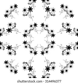 Circular   pattern of  floral motif, flowers, spirals, doodles, zigzag, leaves, branches . Hand drawn.