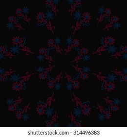 Circular   pattern of  floral motif, flowers, spirals, doodles, zigzag, leaves, branches . Hand drawn.