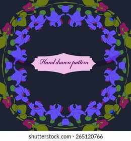 Circular  pattern of floral motif, garland, sweet pea, flowers, label. Hand drawn.