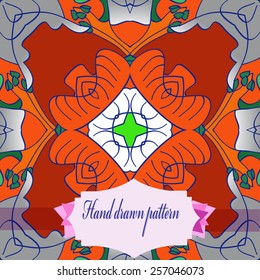Circular pattern of floral motif, label on a gradient gray  background. Hand drawn.