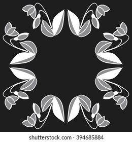 Circular pattern of floral motif, leaf, branch, bud, spring  flower, stripe, spots,  copy space. Hand drawn.