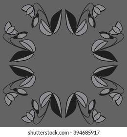 Circular pattern of floral motif, leaf, branch, bud, spring  flower, stripe, spots,  copy space. Hand drawn.