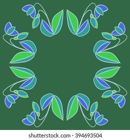 Circular pattern of floral motif, leaf, branch, bud, spring  flower, stripe, spots,  copy space. Hand drawn.