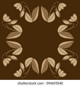 Circular pattern of floral motif, leaf, branch, bud, spring  flower, stripe, spots,  copy space. Hand drawn.