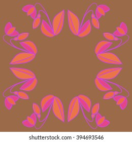 Circular pattern of floral motif, leaf, branch, bud, spring  flower, stripe, spots,  copy space. Hand drawn.