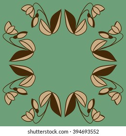 Circular pattern of floral motif, leaf, branch, bud, spring  flower, stripe, spots,  copy space. Hand drawn.