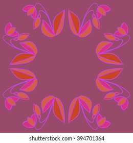 Circular pattern of floral motif, leaf, branch, bud, spring  flower, stripe, spots,  copy space. Hand drawn.