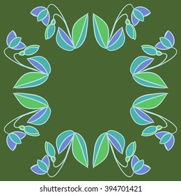 Circular pattern of floral motif, leaf, branch, bud, spring  flower, stripe, spots,  copy space. Hand drawn.