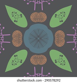 Circular  pattern of floral motif, leaves, branches, stripes, ellipses. Hand drawn.