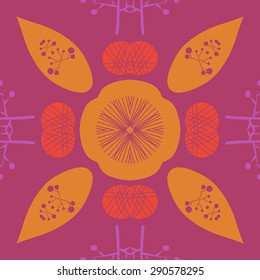 Circular  pattern of floral motif, leaves, branches, stripes, ellipses. Hand drawn.
