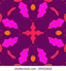 Circular  pattern of   floral motif, leaves, cross, spots. Hand drawn.