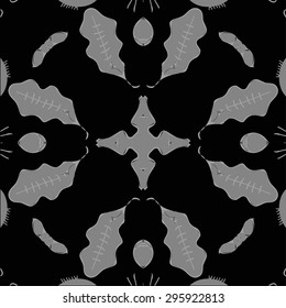 Circular  pattern of   floral motif, leaves, cross, spots. Hand drawn.