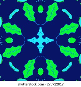 Circular  pattern of   floral motif, leaves, cross, spots. Hand drawn.