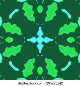 Circular  pattern of   floral motif, leaves, cross, spots. Hand drawn.