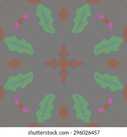 Circular  pattern of   floral motif, leaves, cross, spots. Hand drawn.