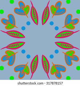 Circular   pattern of   floral motif,  leaves, ellipses, autumn theme, doodles. Hand drawn.