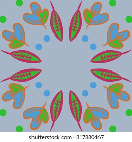 Circular   pattern of   floral motif,  leaves, ellipses, autumn theme, doodles. Hand drawn.
